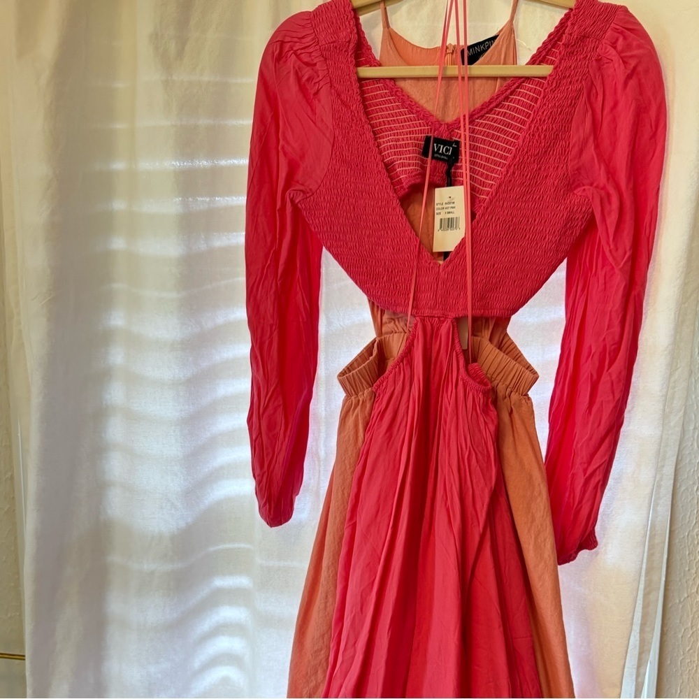 VICI Smocked Cutout Long Sleeve Maxi Dress In Hot Pink Size Small - Picture 5 of 5